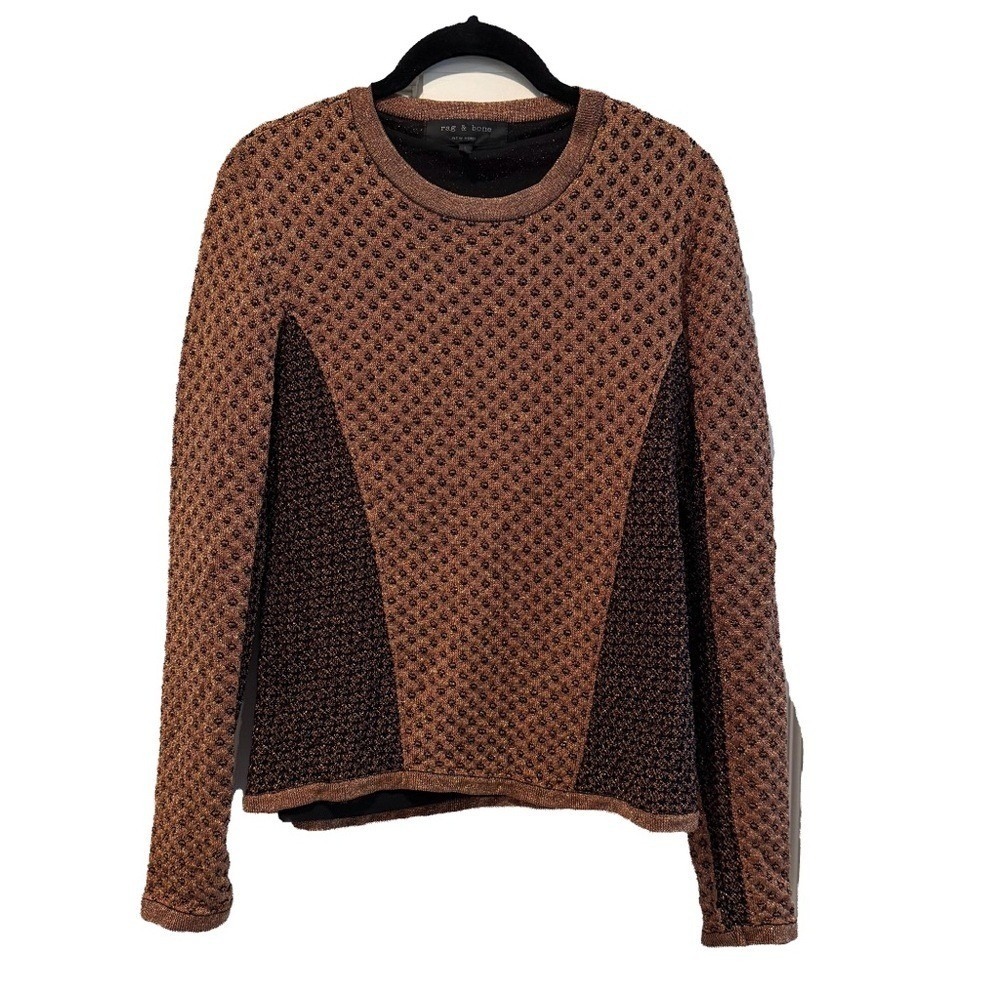 Rag & Bone Bronze Metallic Knit Long Sleeve Crew Neck Top Size Large‎
